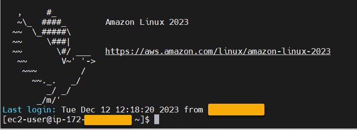 SSH-Bildschirm mit bereitgestellter Amazon EC2 EC2-Instanz und Benutzername.