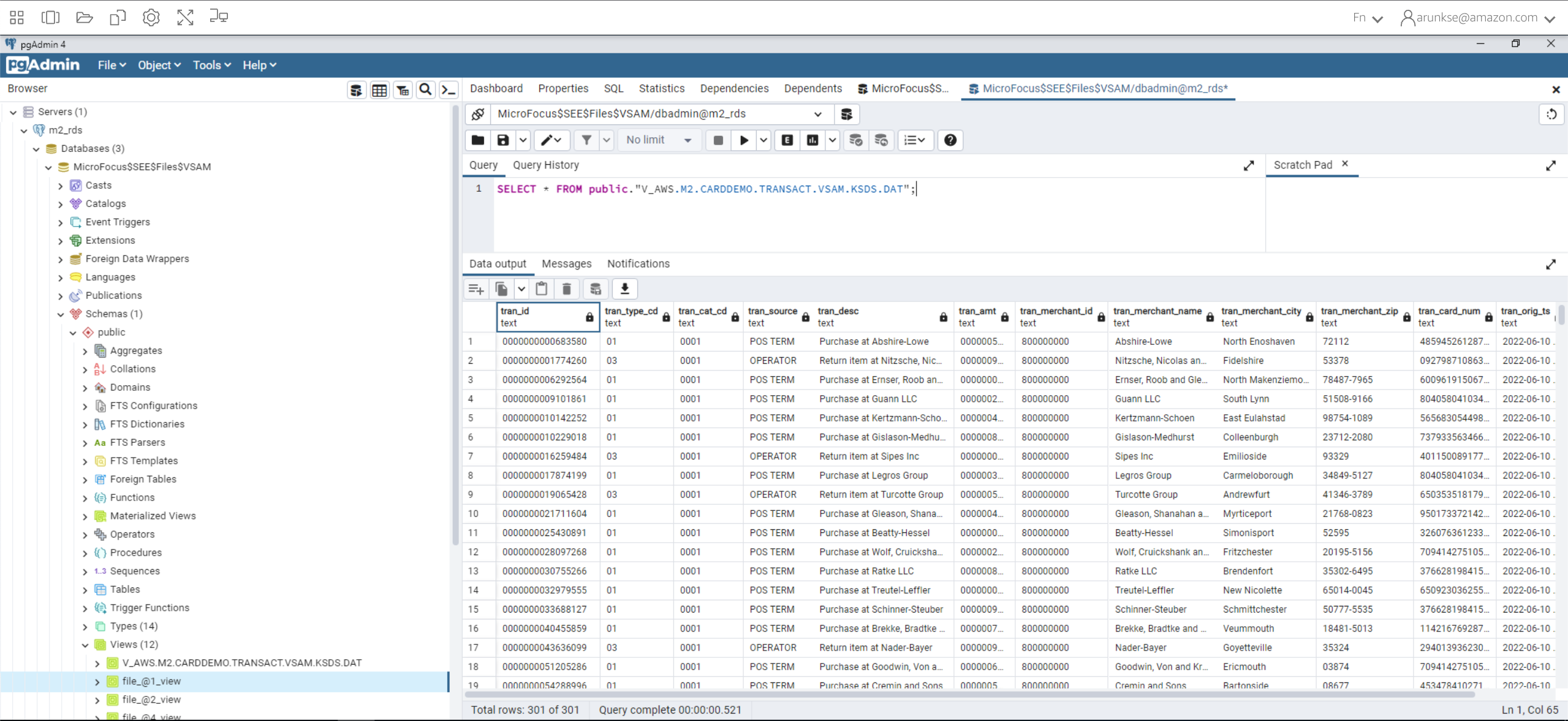 Migrierter Datensatz mit Tabellen und Spalten in pgAdmin.