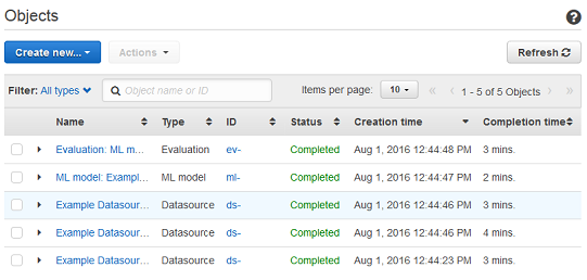 Objects dashboard showing a list of completed evaluations, ML models, and datasources.