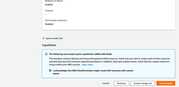 Capabilities section with AWSIAM role requirement and checkbox for custom names.