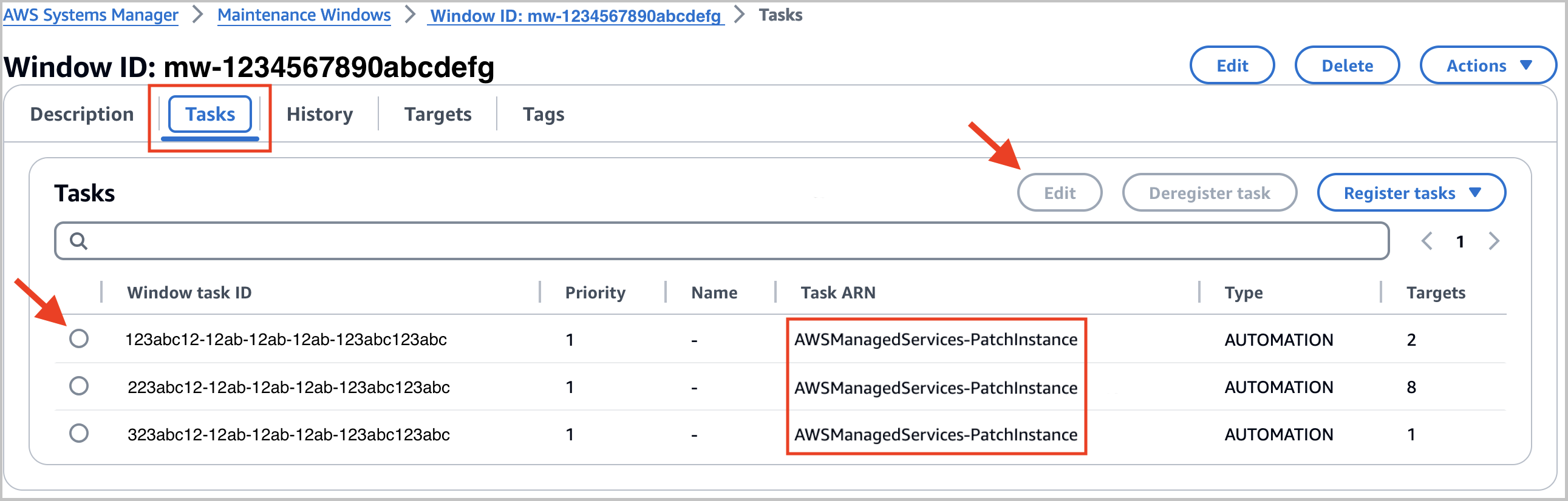AWS Systems Manager maintenance window tasks interface showing three AWSManagedServices-PatchInstance tasks.