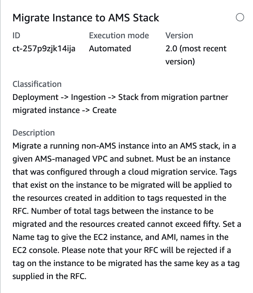 Instance migration details showing ID, execution mode, version, classification, and description.