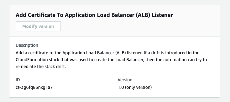 Application Load Balancer (ALB) listener certificate addition interface with description and version details.