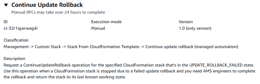 AMS Advanced-Konsole, RFC-Abschnitt erstellen, Feld mit den Typdetails für ct-32r1igwrwag4i ändern: Rollback auf benutzerdefiniertem Stack fortsetzen. CloudFormation