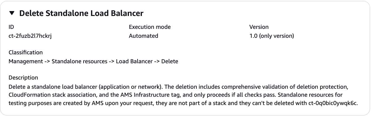 AMS Advanced-Konsole, RFC-Abschnitt erstellen, Feld mit den Typdetails für ct-2fuzb2l7hckrj ändern: Eigenständigen Load Balancer löschen.