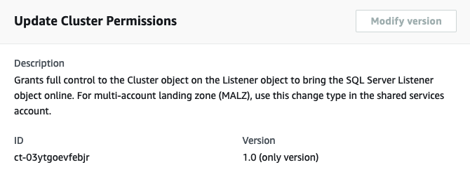 Update Cluster Permissions interface showing description, ID, and version details.