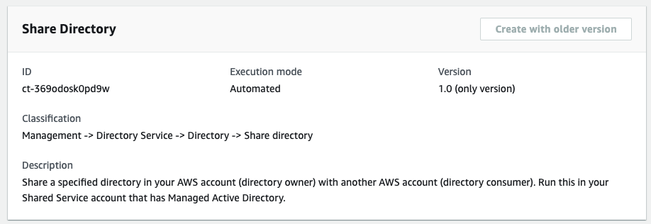 Share Directory interface showing ID, execution mode, version, and description details.