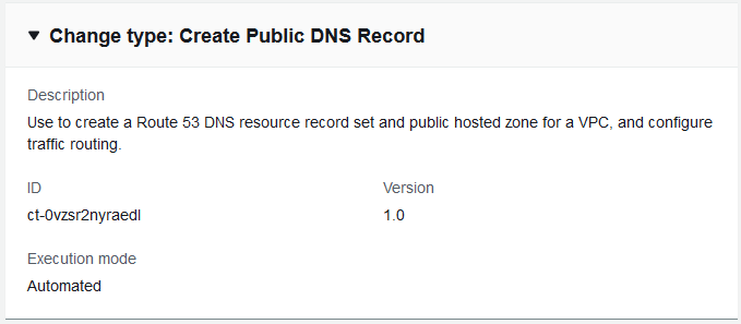 Änderung type details for creating a public DNS record, including description and execution mode.