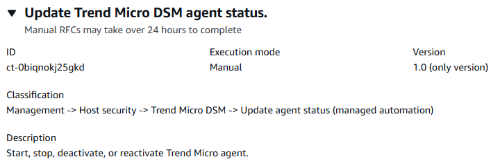 Update Trend Micro DSM agent status interface with ID, execution mode, and version details.