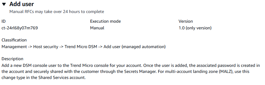 Add user interface for Trend Micro DSM console with ID, execution mode, and classification details.