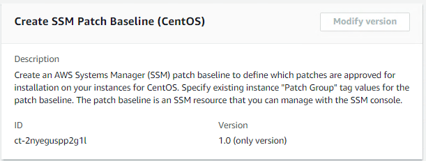 Form for creating an SSM patch baseline for CentOS, showing description and version fields.