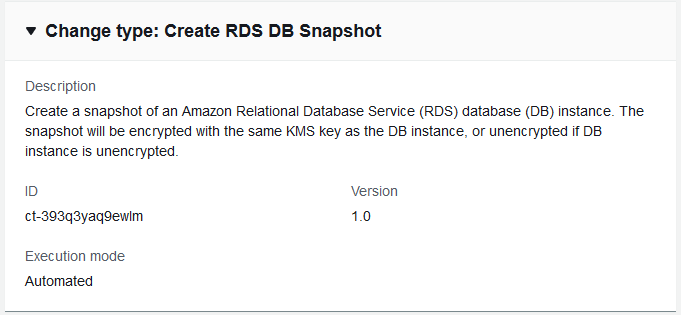 Änderung type details for creating an RDS DB snapshot, including description and execution mode.