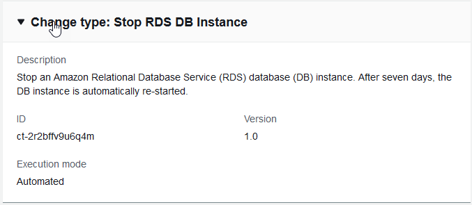 AMS Advanced-Konsole, RFC-Abschnitt erstellen, Feld mit den Typdetails für ct-2r2bffv9u6q4m ändern: RDS-Datenbankstapel | DB-Instance beenden.