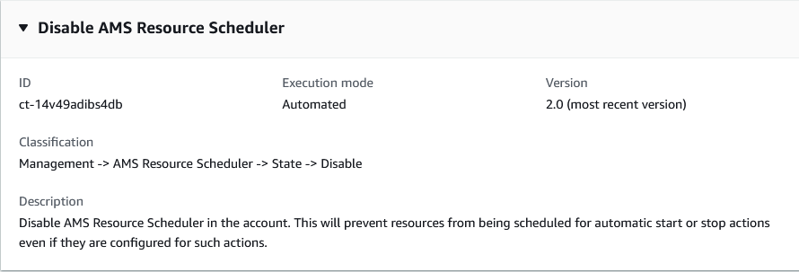 AMS Resource Scheduler disable option with ID, execution mode, version, and description.