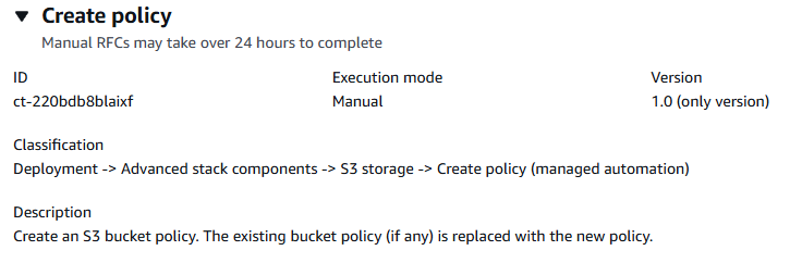 Create policy interface showing ID, execution mode, version, and description for S3 bucket policy.