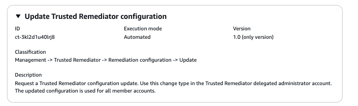 Trusted Remediator configuration update details including ID, execution mode, and description.