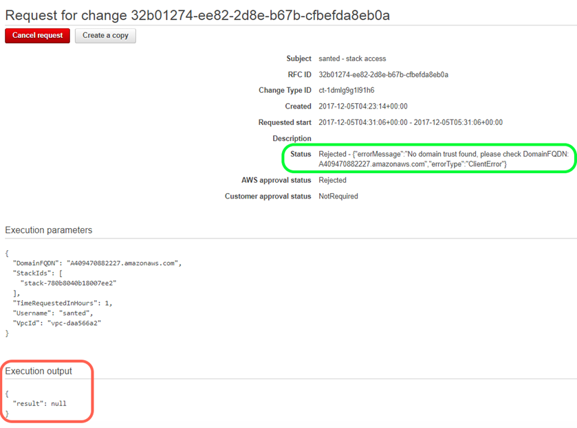 Request for change details showing rejected status due to no domain trust found.