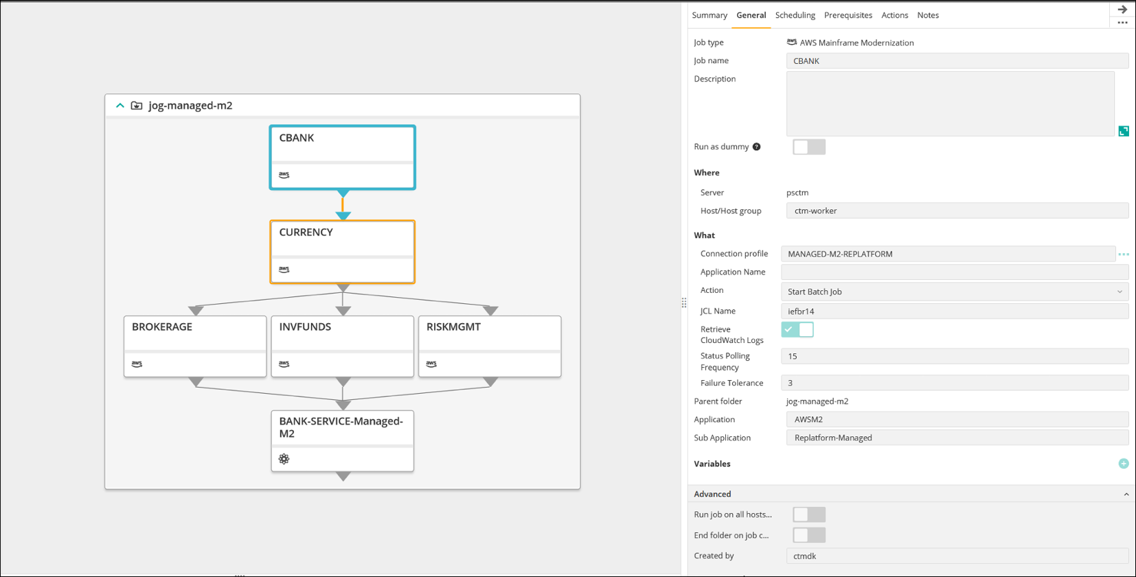 Auftragsablauf auf der linken Seite und Eigenschaften auf der rechten Seite.