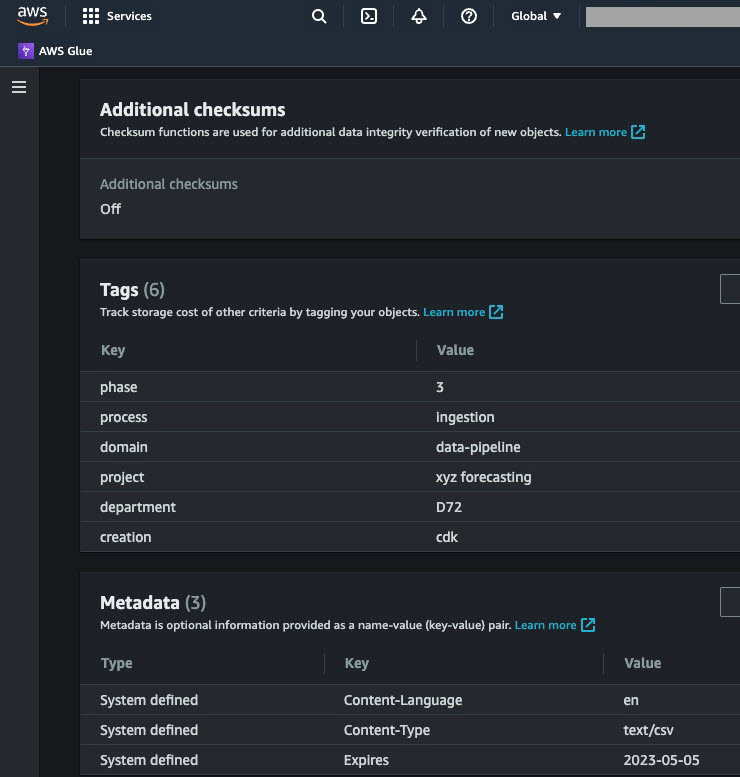 Schlüssel-Wert-Paare für Tags, die auf der Konsole angezeigt werden.