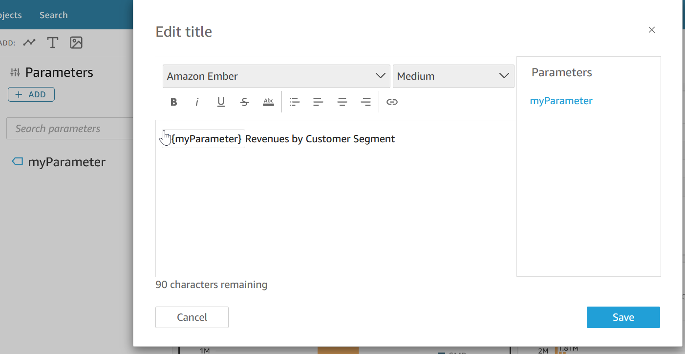 Image des Bereichs Visualisierung formatieren mit einem Parameter im Diagrammtitel und einem Diagramm, bei dem der Parameterwert im Titel rot eingekreist ist.