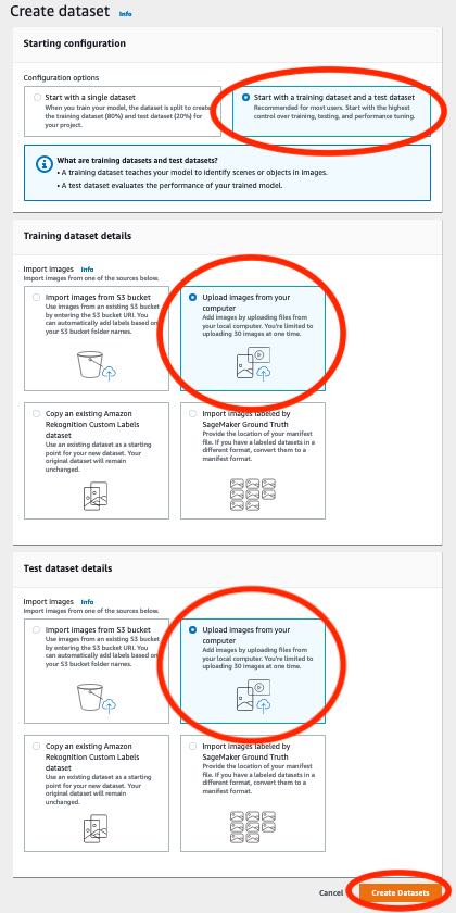 Benutzeroberfläche zum Erstellen von Trainings- und Testdatensätzen. Datensätze erstellen und unten auf die Schaltfläche Abbrechen klicken.