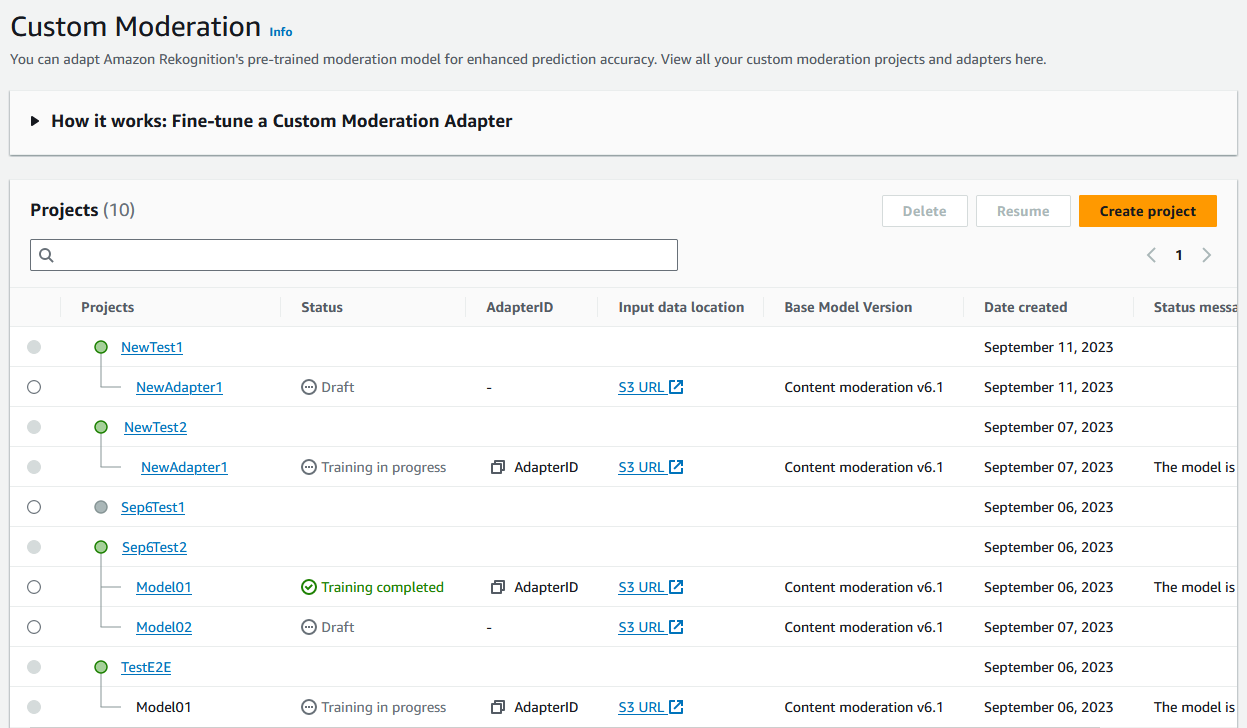 Landingpage für benutzerdefinierte Moderation mit einer Liste von Moderationsprojekten mit Details wie Status, Adapter-ID, Speicherort der Eingabedaten, Version des Basismodells, Erstellungsdatum und Statusmeldungen. Projekte können erstellt, gelöscht oder wieder aufgenommen werden.