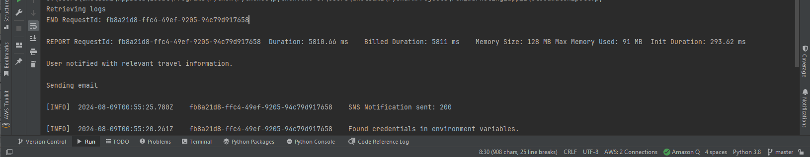 Screenshot einer IDE, in der die Ergebnisse der Ausführung des zuvor genannten Codes angezeigt werden, wobei Informationen aus einem Cloudwatch-Protokoll angezeigt werden.