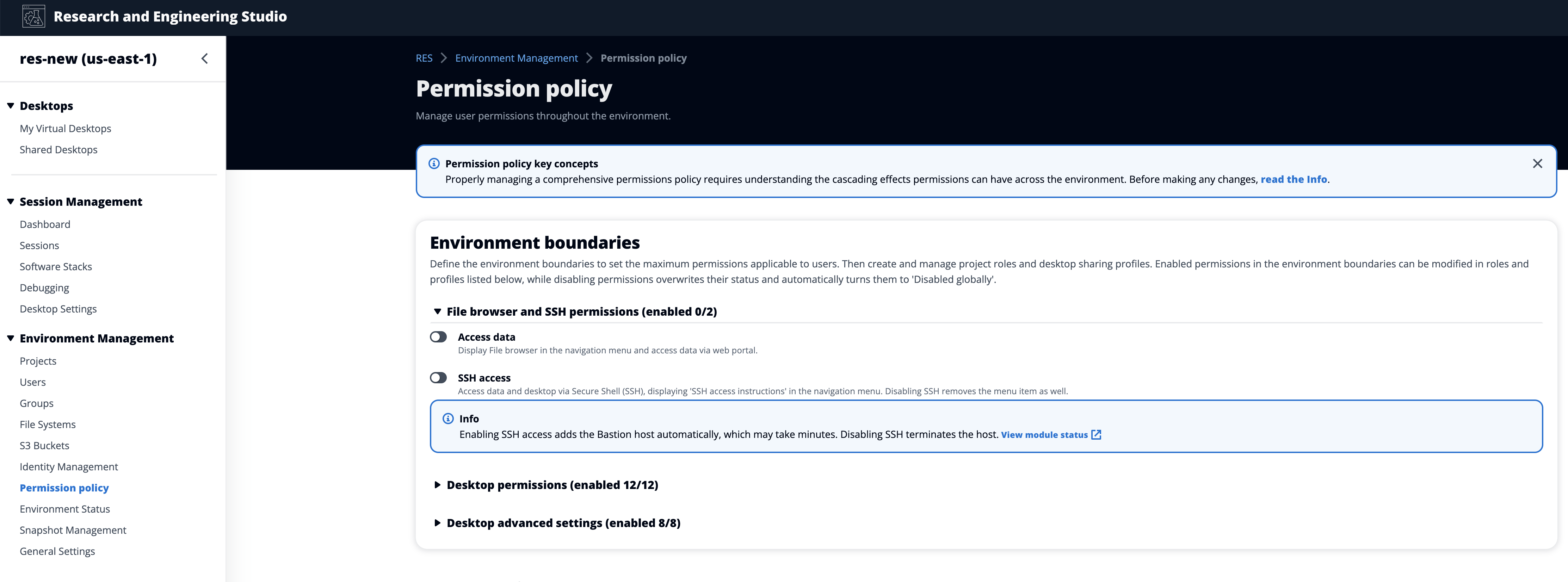 Seite mit den Berechtigungsrichtlinien unter Umgebungsmanagement in der Admin-Konsole
