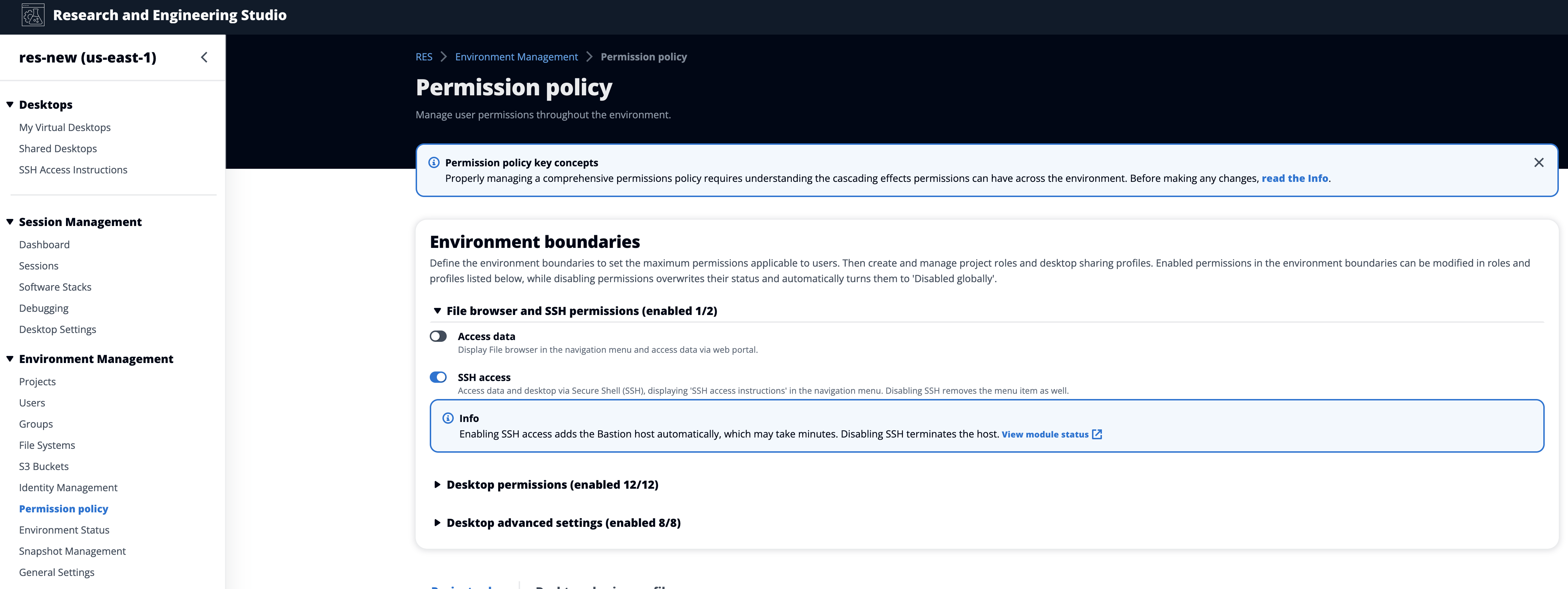 Seite mit den Berechtigungsrichtlinien unter Umgebungsmanagement in der Admin-Konsole