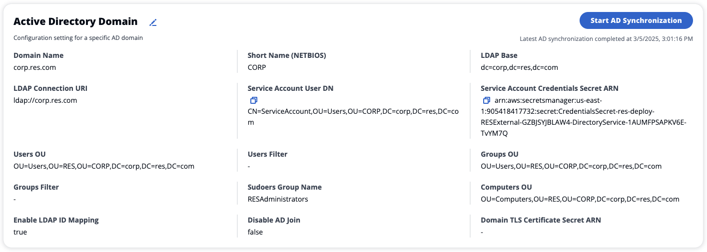 Einzelheiten zu den Konfigurationseinstellungen der Active Directory-Domäne