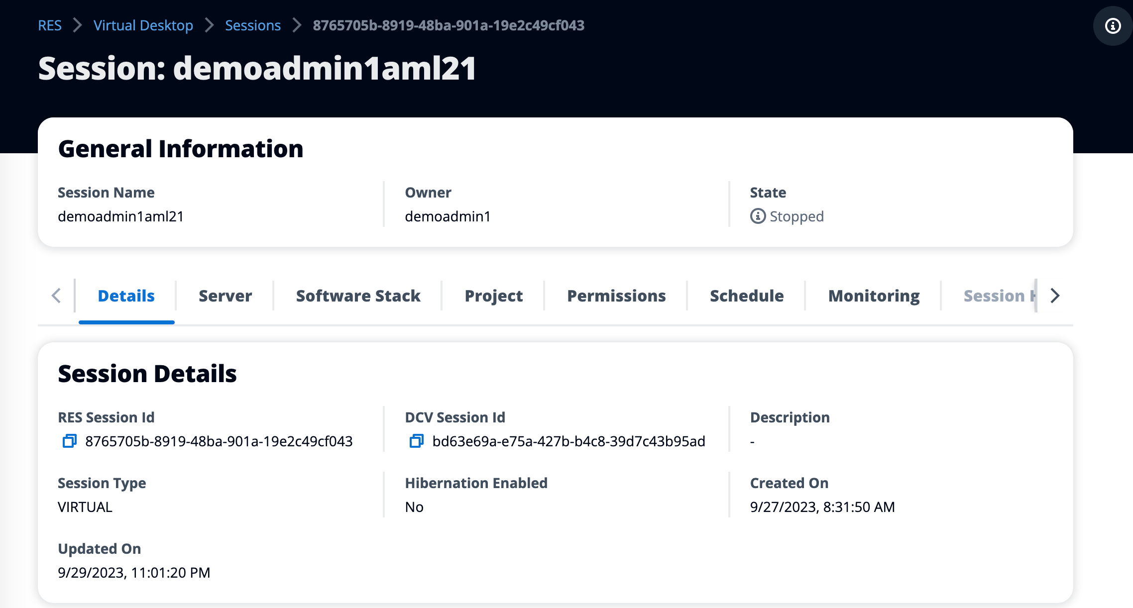 Seite der Admin-Konsole mit Ansicht der Sitzungsdetails