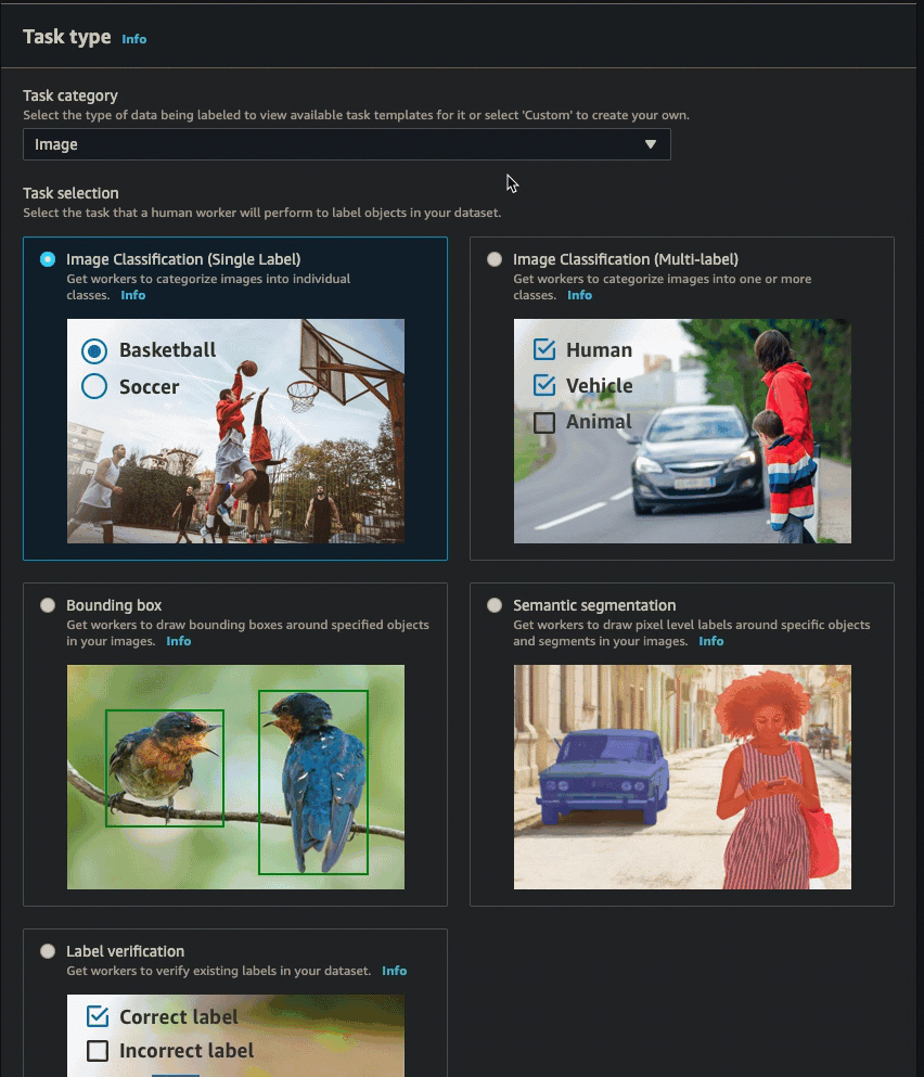 Ein GIF, das zeigt, wie ein Videoframe-Objektverfolgungsauftrag in der SageMaker AI-Konsole erstellt wird.