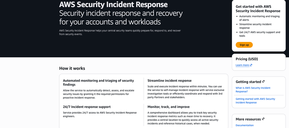 AWS Security Incident Response Anmeldeseite mit der Anmeldeschaltfläche.