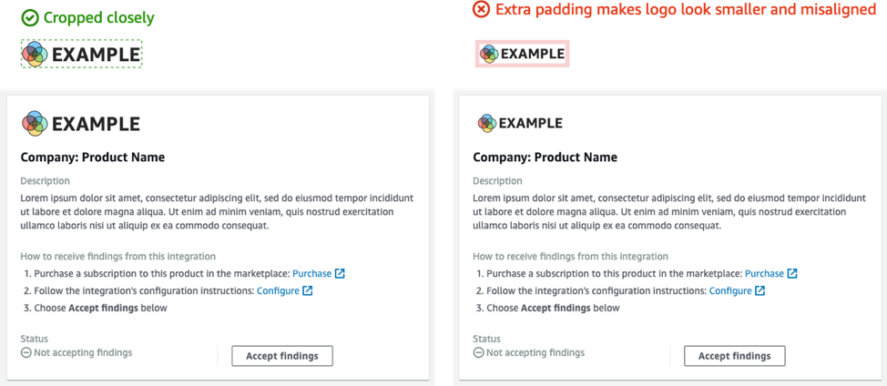 Beispiele für Produktintegrationskarten mit unterschiedlich beschnittenen Logos