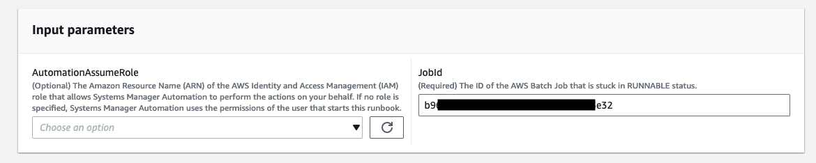 Input parameters form with AutomationAssumeRole and JobId fields for AWS Batch job configuration.