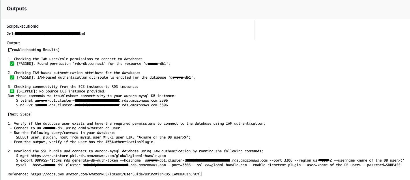 Troubleshooting results for IAM permissions and authentication for an Aurora MySQL database.