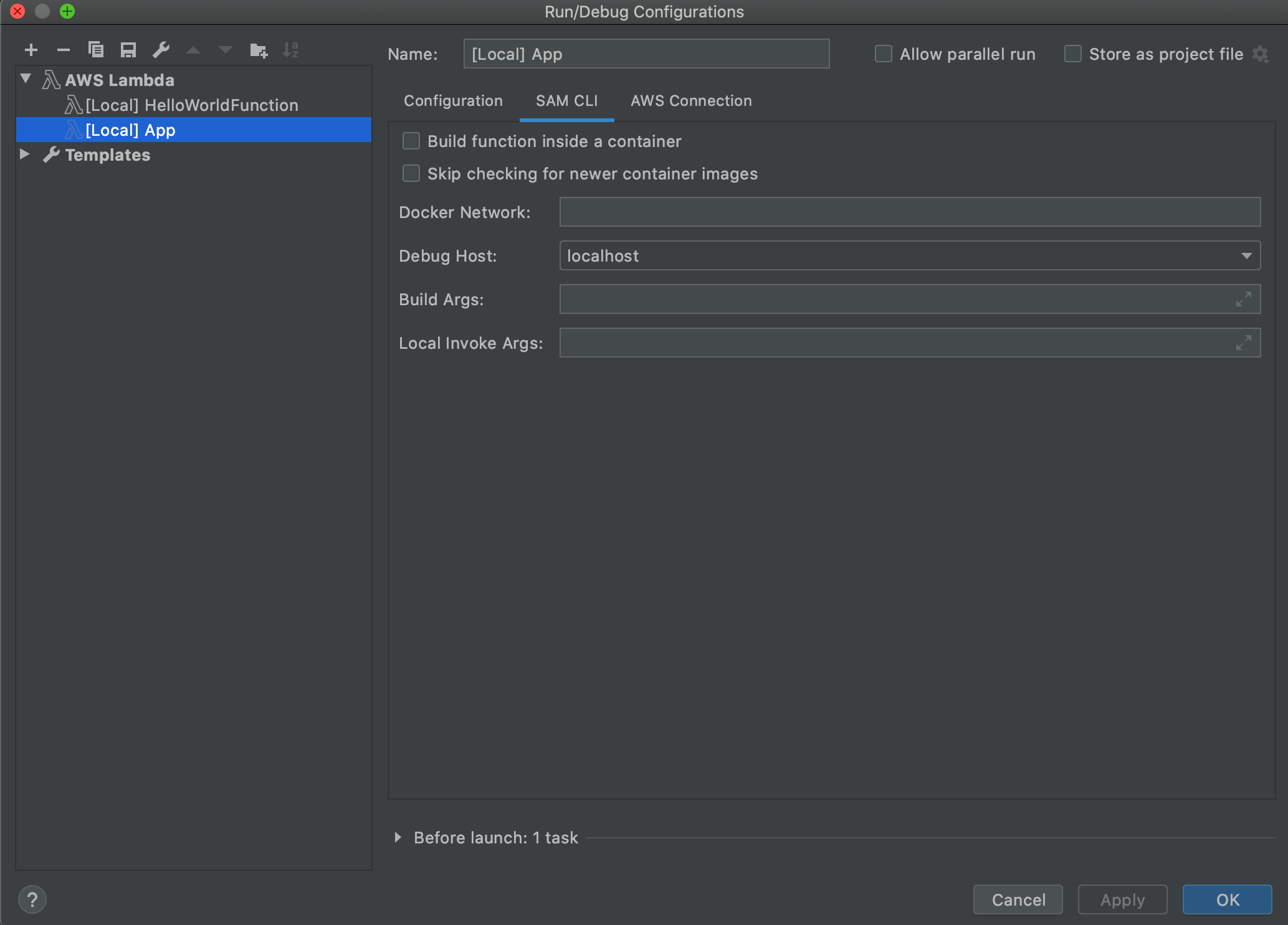 Tab „SAM CLI“ des Dialogfelds „Ausführungs-/Debug-Konfigurationen“ für die Einstellungen einer lokalen Funktion