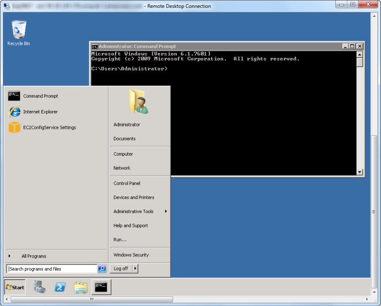 Remote Desktop session showing Windows interface with Command Prompt and Start menu open.