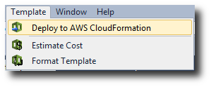 Template menu options including Deploy to CloudFormation and Estimate Cost.