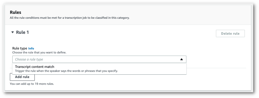 Amazon Transcribe Konsolen-Screenshot: Der Bereich „Regeln“ mit einer Liste von Regeltypen.