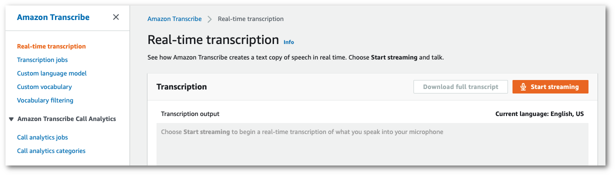 Amazon Transcribe Konsolen-Screenshot: Die Seite „Echtzeit-Transkription“.