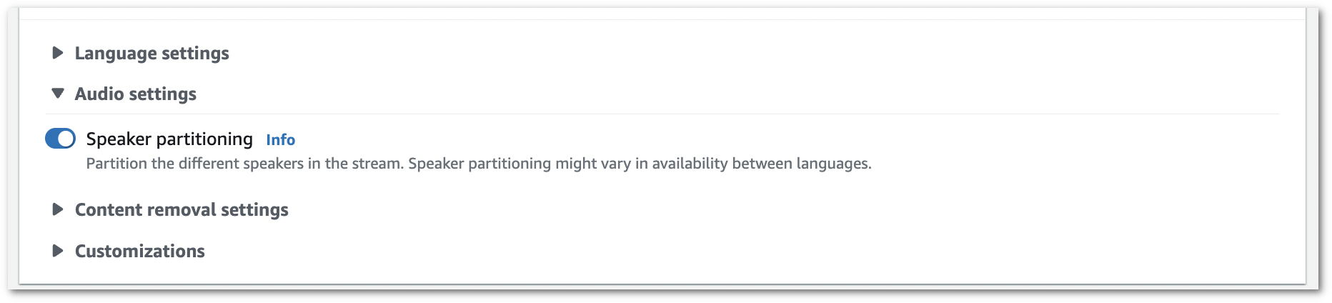 Amazon TranscribeKonsolen-Screenshot: Der erweiterte Tab „Audioeinstellungen“ mit aktivierter Lautsprecherpartitionierung.
