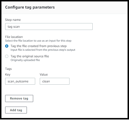 Workflow-Bildschirm mit den Details für einen Tagging-Schritt.