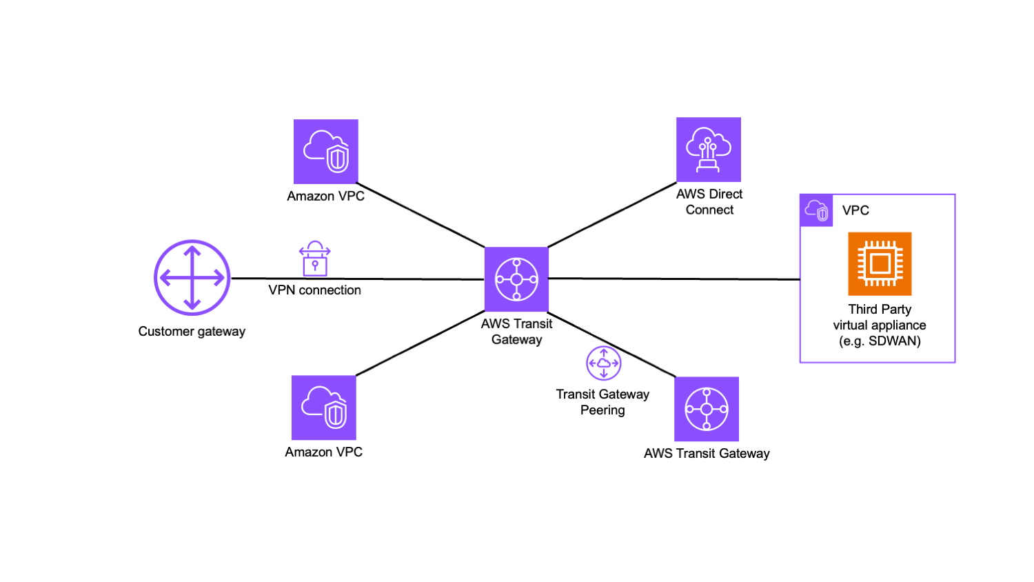 AWS Transit Gateway connecting various services like VPCs, Direct Connect, and third-party appliances.