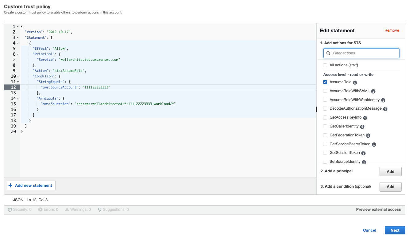 Screenshot der benutzerdefinierten Vertrauensrichtlinie in der IAM-Konsole.