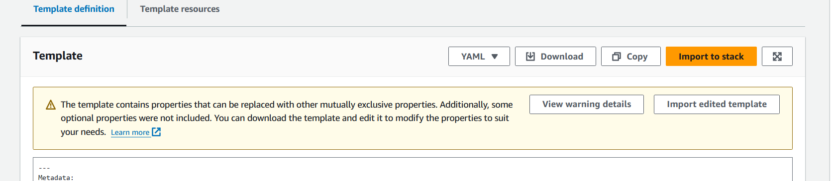 La consola del generador de IaC advierte sobre las propiedades de solo escritura en la plantilla generada