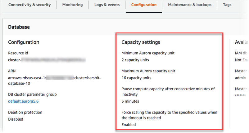 Visualización de la configuración de la capacidad del clúster de bases de datos de Aurora Serverless v1