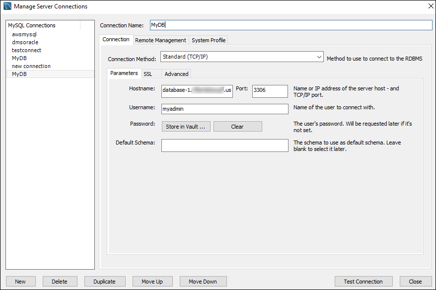 La ventana Manage Server Connections en MySQL Workbench.