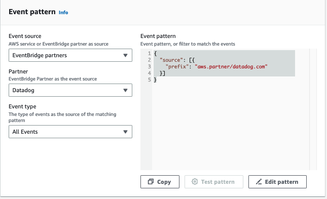 Ejemplo de un patrón de eventos de Datadog.