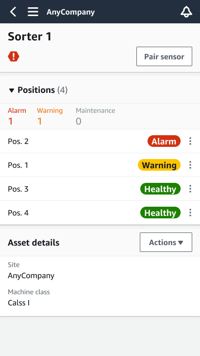 Sorter 1 interface showing positions with alarm, warning, and healthy statuses.